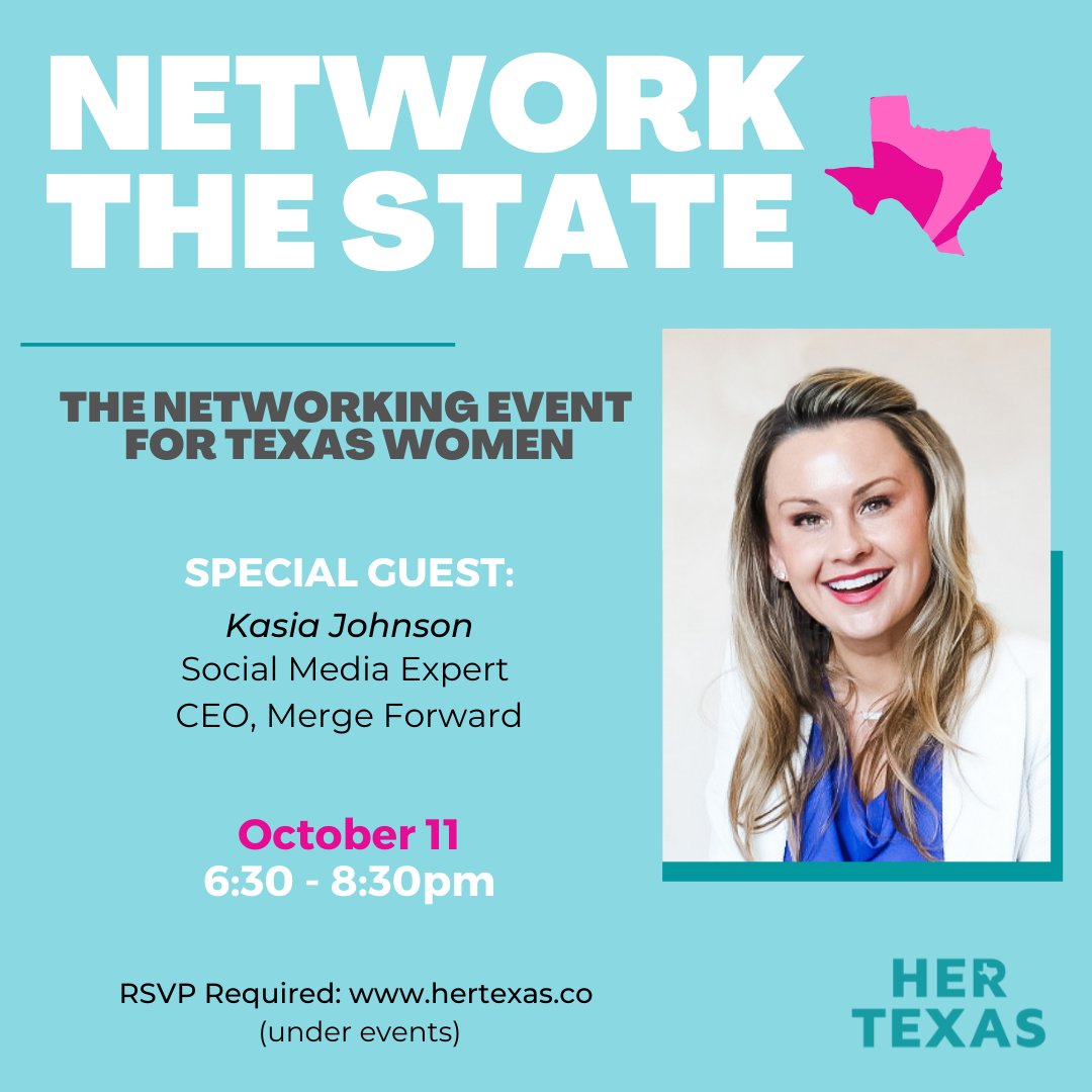 hertexasco's tweet photo. Join Her Texas this Monday 6:30pm for Network The State, the FIRST &amp; ONLY statewide networking event for women that live, work &amp; do business in #Texas.

SPECIAL GUEST: @KasiaMJohnson @MergeForward 

Complimentary registration: https://t.co/ygsE6VBMKH (Click on events).

#HerTexas https://t.co/Hvh8KKcJAZ