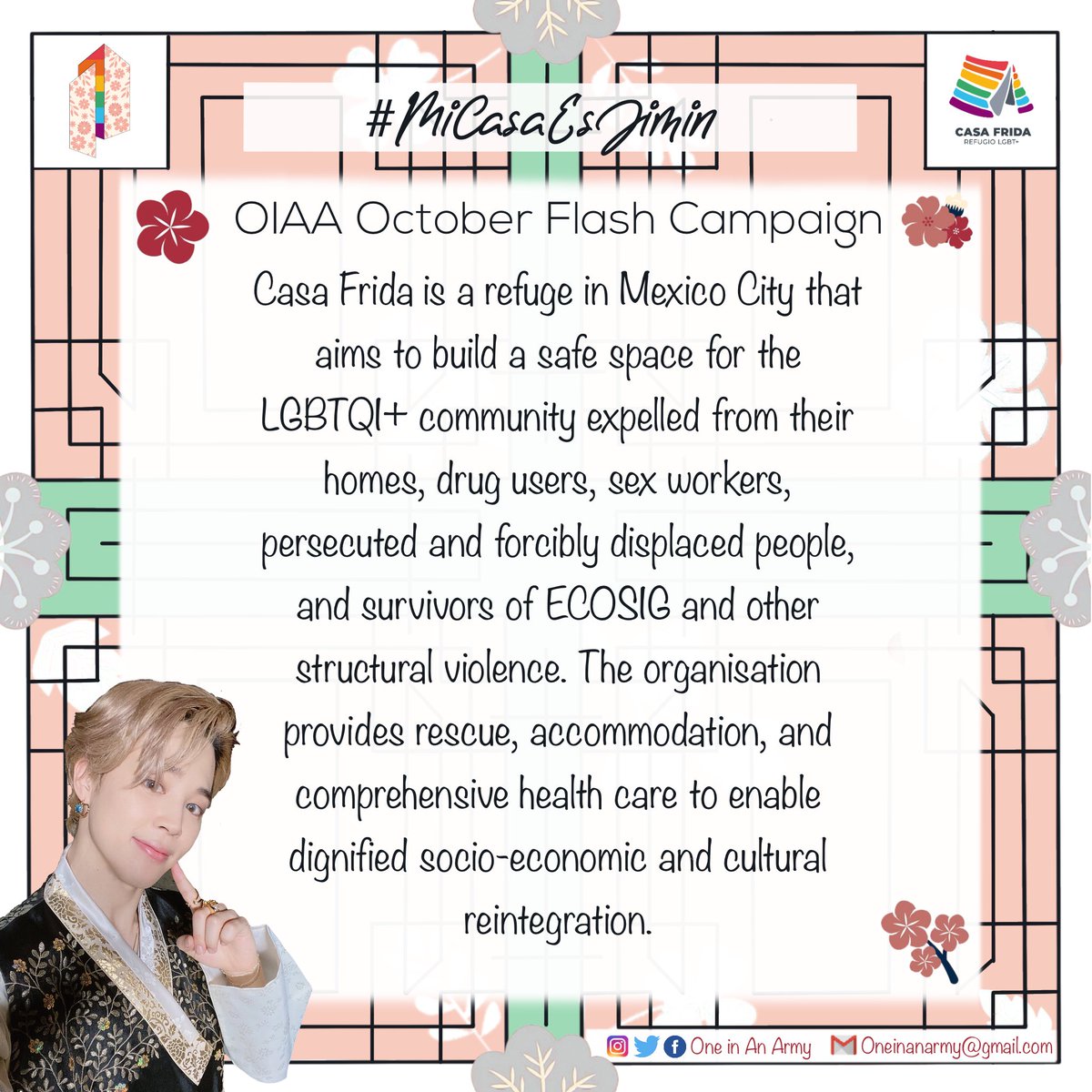 OneInAnARMY's tweet photo. In honor of our angel Jimin’s birthday tada we present:
#MiCasaEsJimin 🏡

@CasaFridaLGBT supports at-risk young people in the LGBTQ+ community within Mexico City with housing, community and empowerment programs.
Donate: ➡️ https://t.co/hPQXuzNCqA
Paypal:https://t.co/NumeNFft6Y https://t.co/lFz6OZ8V5C