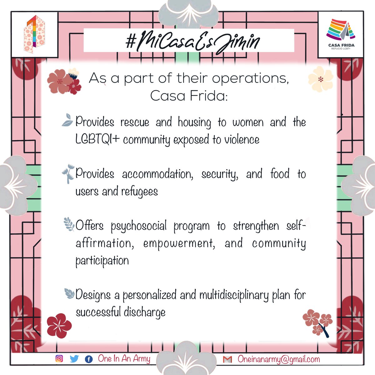 OneInAnARMY's tweet photo. In honor of our angel Jimin’s birthday tada we present:
#MiCasaEsJimin 🏡

@CasaFridaLGBT supports at-risk young people in the LGBTQ+ community within Mexico City with housing, community and empowerment programs.
Donate: ➡️ https://t.co/hPQXuzNCqA
Paypal:https://t.co/NumeNFft6Y https://t.co/lFz6OZ8V5C