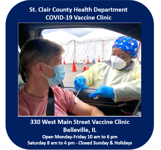 The Mass Vaccination Site at the Belle Clair Fairgrounds is 
CLOSED UNTIL TUESDAY, 10/12/21
BUT YOU CAN STILL GET YOUR BOOSTER or 3RD DOSE AT 
330 WEST MAIN STREET VACCINE CLINIC!

Appointments are strongly encouraged ~ save time &amp; set yours here:  
co.st-clair.il.us/.../COVI.../Va…
