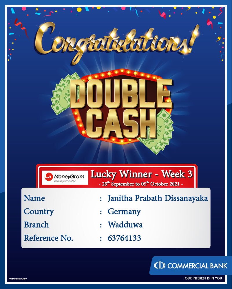 ComBank_LK's tweet photo. Double Cash lucky winner of the third week. For more info - https://t.co/oVrZztNk3x
#ComBank #DoubleCash #MoneyGram https://t.co/4x843TkHGk