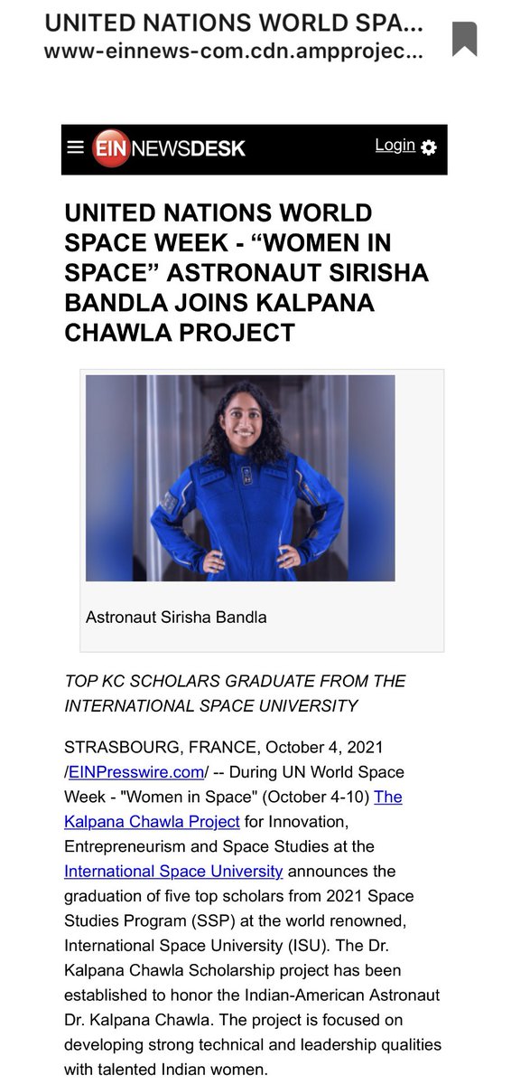 Astro_Sucheshna's tweet image. Its an honor to be in this #pressarticle !!
by Michael Potter @orphansofapollo towards #KalpanaChawlaProject 
@SirishaBandla Glad your on board with us! @KalpanaChawla4 has been an inspiration for every Indian Women striving to achieve her dreams!

www-einnews-com.cdn.ampproject.org/c/s/www.einnew…