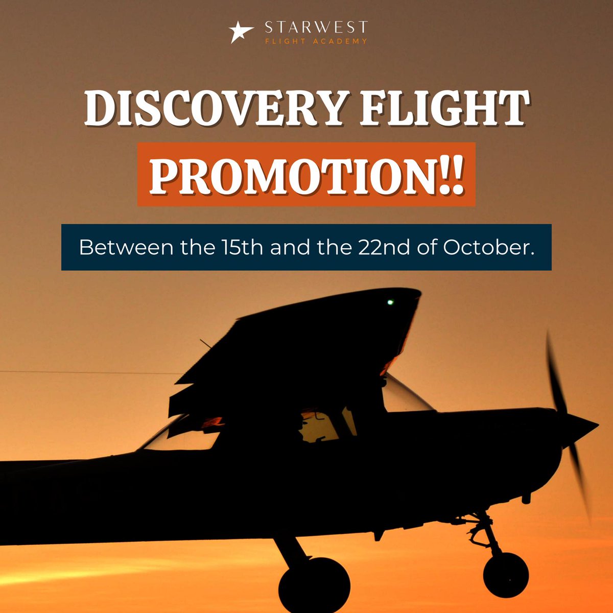 StarWestAcademy's tweet photo. Welcome aboard adventurer!! 
October is here and with it New Opportunities and Dreams to fulfil.
Starwest Flight Academy is offering a Discount on all Discovery Flights. Yes, all Discovery Flights, no matter the hours. This offer lasts from 15th to 22nd of October, 2021. https://t.co/AqPUOC9unL