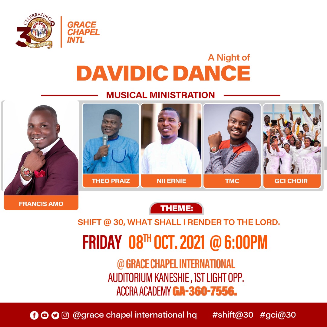 GraceChapelHQ's tweet photo. #Shiftat30 Davidic Praise
Few hours to go!!
Got your dancing shoes and T-shirts ready?
 #shiftat30 #graceat30 #davidicpraise
Theo praiz Francis Amo Ministry NiiErnie https://t.co/o7DpZ95q7H