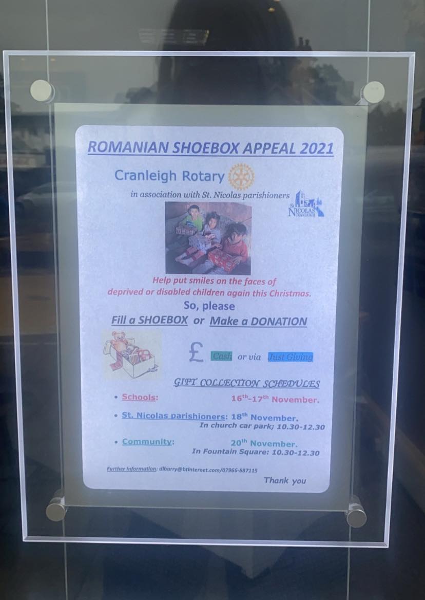 Cranleigh Rotary have organised a Romanian shoebox appeal. 📦🎅🏼
It’s important to get involved if you are able to. Whether it be small or big, anything is appreciated.
See the drop off points and dates on the poster.