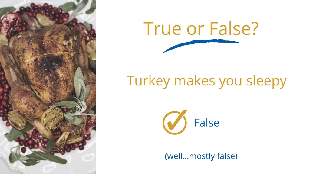 Your post-meal fatigue is more likely due to the stuffing &amp; other carb-heavy foods, the wine, that second helping of mashed potatoes, the pumpkin pie w/ whipped cream, etc. There are many reasons you could be tired after dinner, just don't blame the bird 😉.
#thanksgiving #sleep