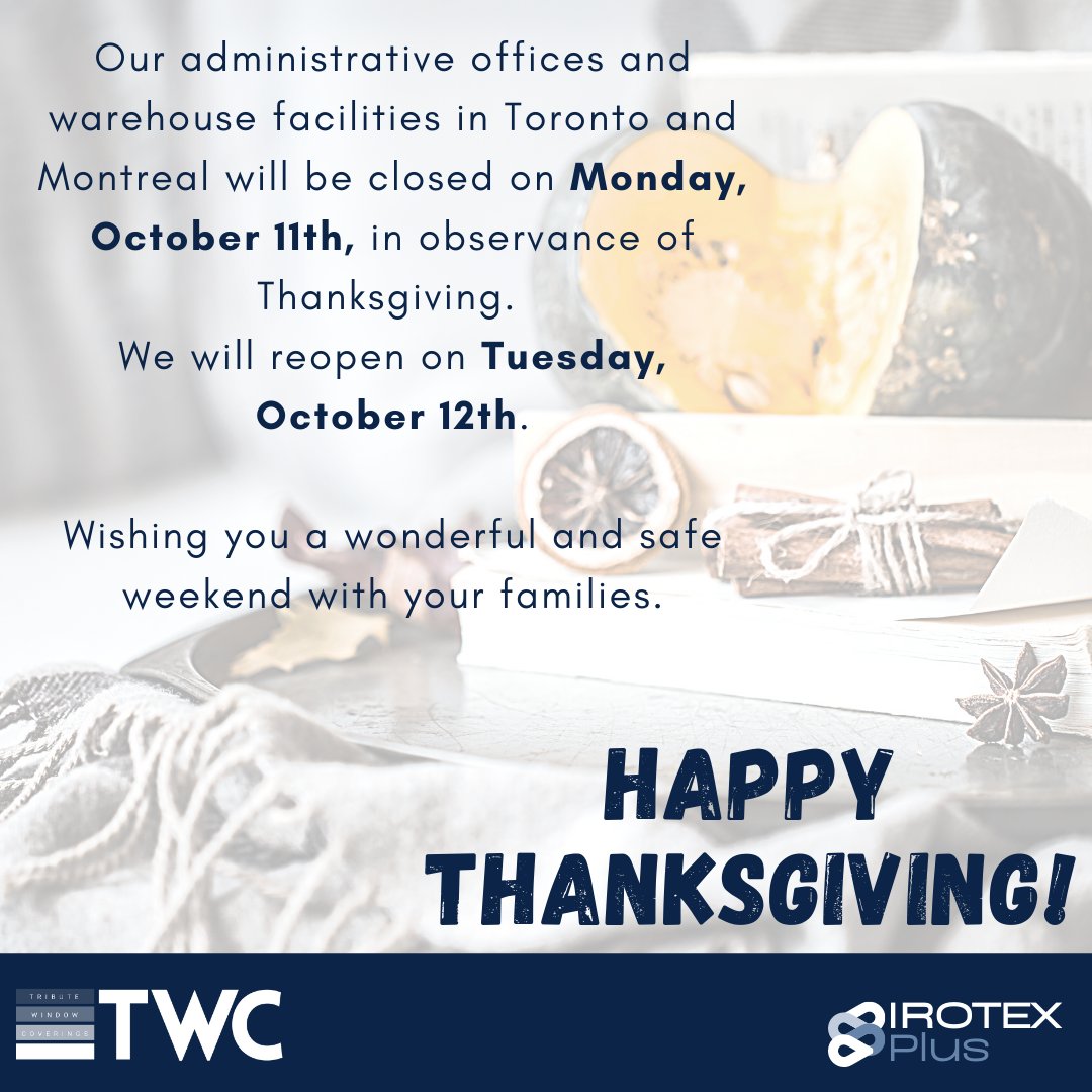 WindowTribute's tweet image. Wishing you a wonderful and safe weekend with your families. Happy Thanksgiving!
The TWC Team

#thanksgiving #windowtreatments #longweekend #windowcoverings #mytwc
