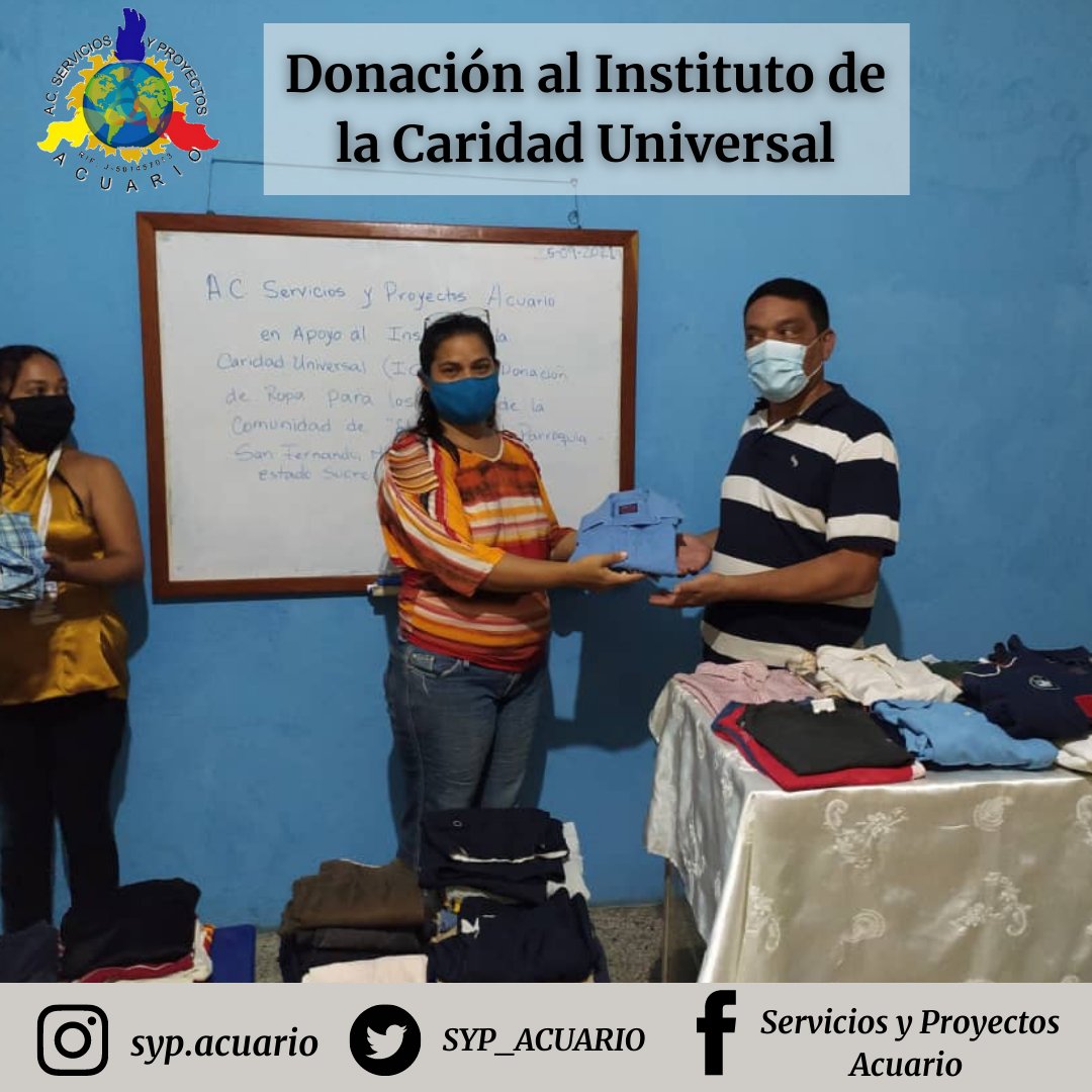 SYP_ACUARIO's tweet photo. 💧La A.C. Servicios y Proyectos Acuario, realizó una donación de ropa y enseres al Instituto de la Caridad Universal de Venezuela (ICU), en la ciudad de Cumaná, Estado Sucre. Nuestra presidenta Ing. Zuliberth Fornes, demostró su disposición ante un trabajo social y caritativo. https://t.co/WCypRUpRVk