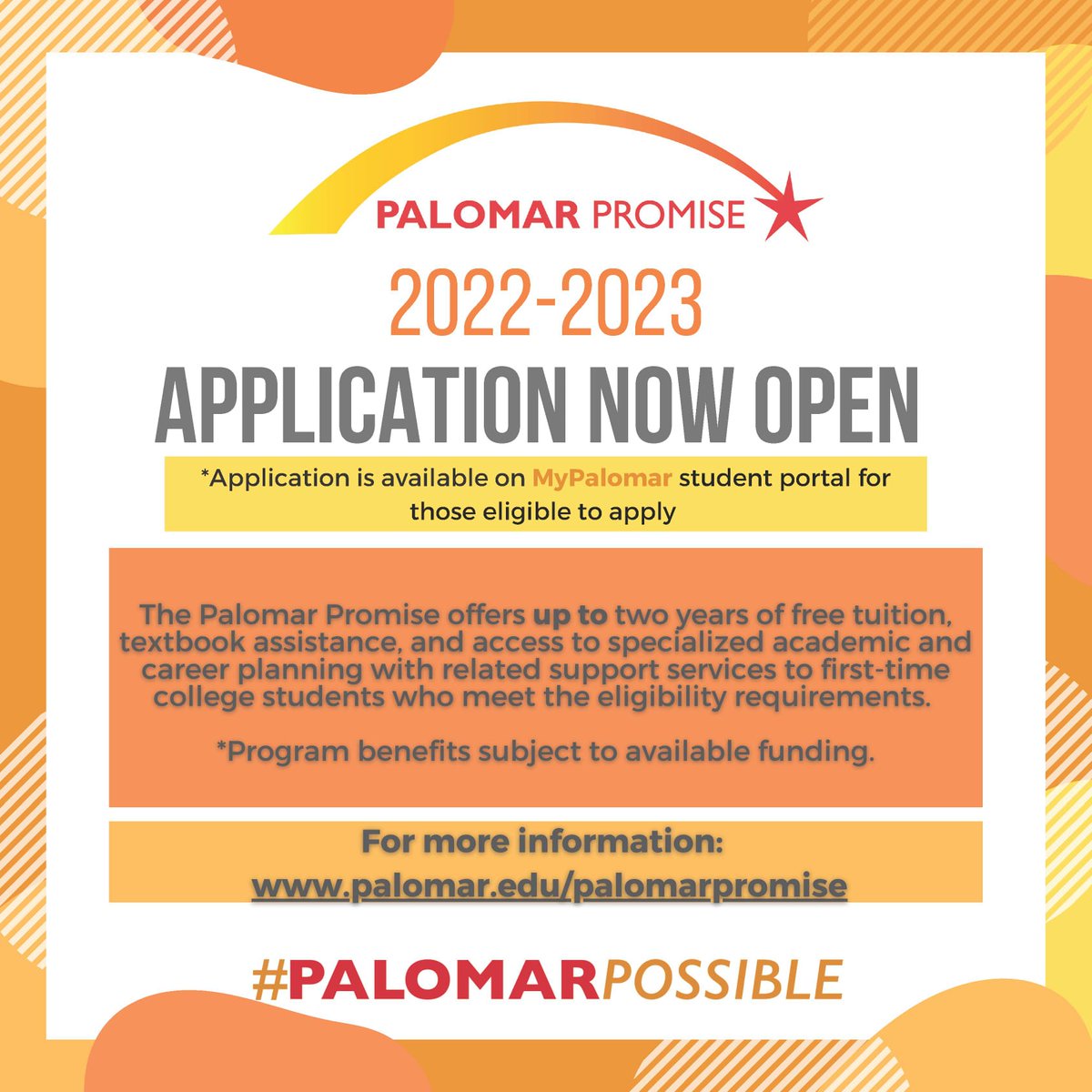 The Palomar Promise 2022-2023 application is now open!
Check out our website for more information: palomar.edu/palomarpromise
#palomarpromise2022 #palomarpromise
