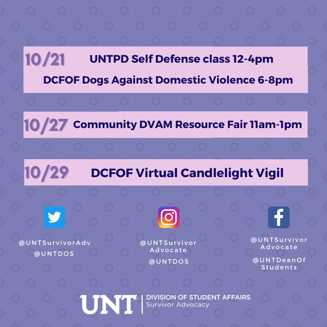 October is Domestic Violence Awareness Month. In order to show our support to those who have experienced or are experiencing domestic, dating, or relational violence and raise awareness, we and other organizations on and off campus will be hosting events throughout the month 💜