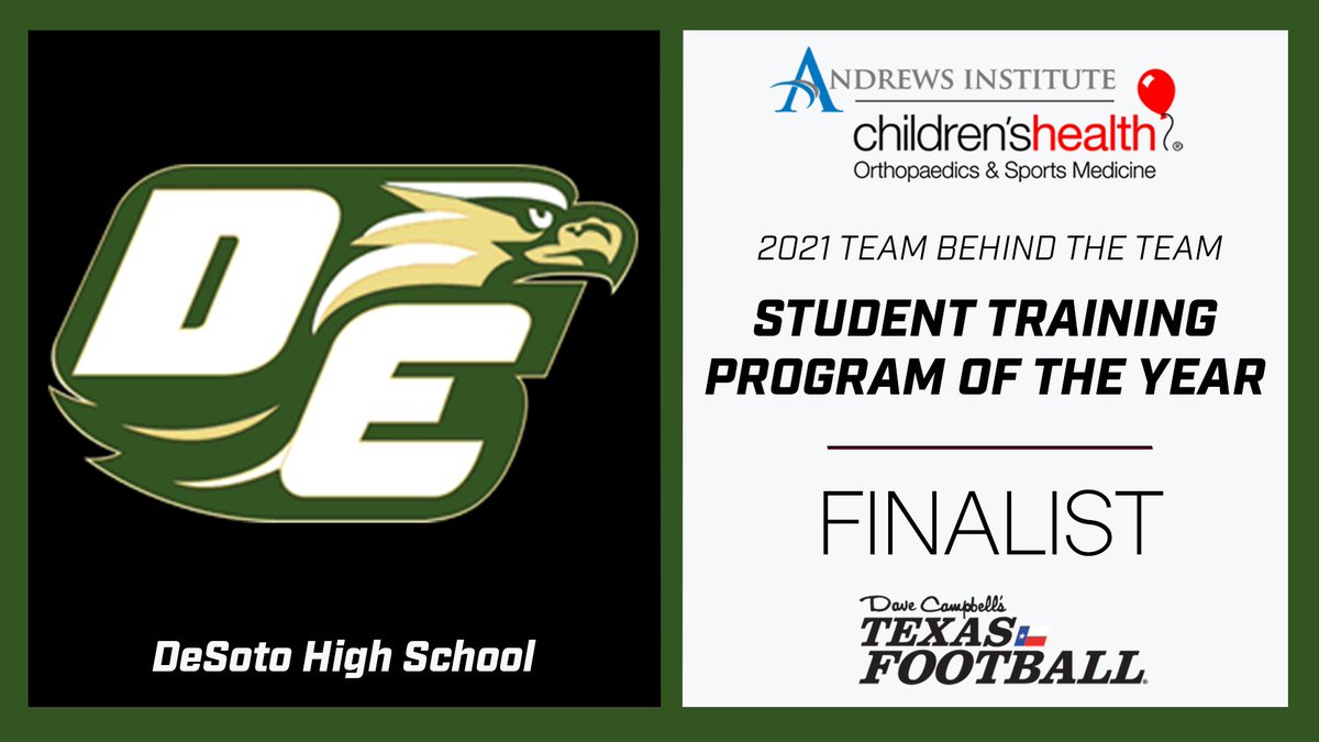dctf's tweet photo. Congratulations to the DeSoto High School Athletic Training Staff on being awarded the 2021 Week 7 Children's Health Andrews Institute Team Behind the Team Award!

WATCH: https://t.co/2T9tkYj4fK

 @Dsportsmedicine | @desotoisdengage | @childrens https://t.co/SXUe4t9Nd7