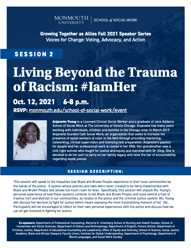 BeachProfessor's tweet photo. #VoicesForChange #Trauma This is a do not miss. Monmouth University School of Social Work has sponsored a talk with #IamHer social worker Anjanette Young. Here her via Zoom on Tues 10/12. https://t.co/PZt4DshFaY https://t.co/625Pejh6GX