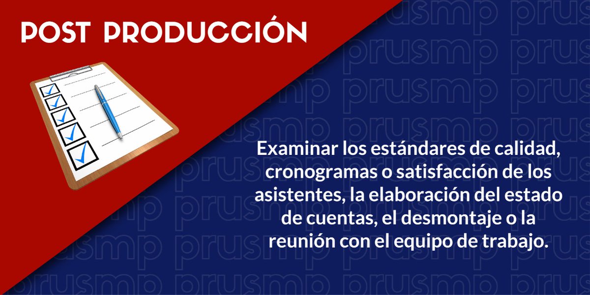 PRUSMP's tweet photo. 📊La última etapa es la post producción. Después de cada evento se tienen que analizar e interpretar los resultados obtenidos para conocer la perspectiva de los asistentes y proponer diferentes acciones de mejora. https://t.co/5tpWeq1p10