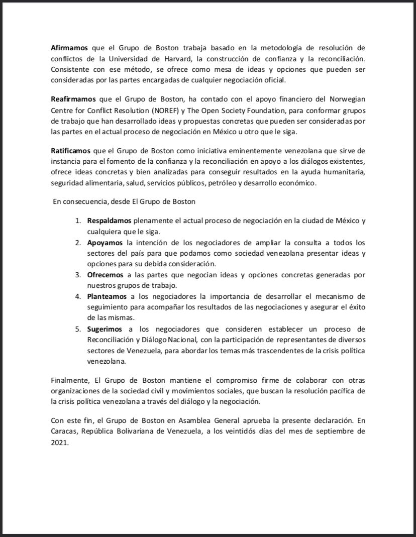 grupodeboston's tweet photo. Luego de 19 años de la última declaración pública en el año 2002, Grupo de Boston emite comunicado, aprobado por unanimidad en nuestra primera asamblea general el #22Sep en apoyo a las negociaciones para el futuro de Venezuela 🇻🇪. https://t.co/lrj1vQA3OA