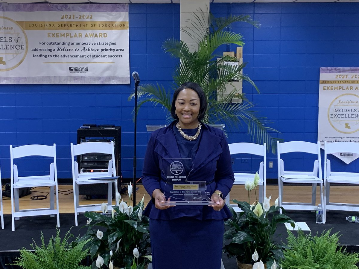doelouisiana's tweet photo. Dr. Brumley presented @EastFelSchools this morning with the Louisiana Models of Excellence award for their exemplary summer learning program, EF Accelerate. #LouisianaBelieves https://t.co/WPdQG93pLz