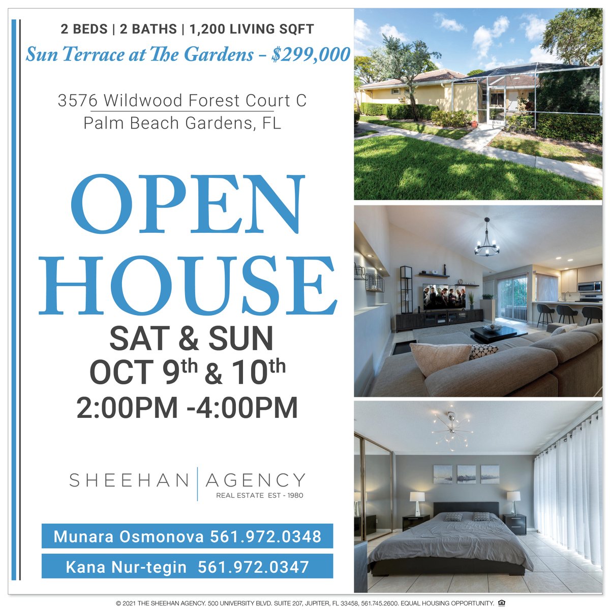 OPEN HOUSE! 🏡
SAT &amp; SUN
OCT 9th &amp; 10th 
2:00PM -4:00PM
 
Sun Terrace at The Gardens!
 2 Beds | 2 Baths | 1,200 LSF
📍3576 Wildwood Forest Court C, Palm Beach Gardens, FL
🌐 bit.ly/3mEOev8

Hosted by Munara Osmonova   
561.972.0348 
m.osmonova@thesheehanagency.com