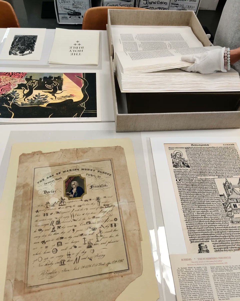 SJUarchives's tweet photo. Last week we had our first hands-on workshop in the Archives &amp; Special Collections this semester. It was so much fun showing off a variety of prints (intaglio, relief, and planographic processes) to a #printmaking class. The oldest item was from 1493, and the newest from 1999. https://t.co/F9uJITfKQR