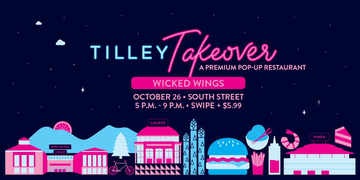Who's ready for some Wicked Wings?! 🍗 Come out to our second Tilley Takeover on October 26th from 5 p.m. - 9 p.m. at South Street. We'll also have some fun giveaways for those who purchase wings!

#LibertyDining #CampusEats #Sodexonoram