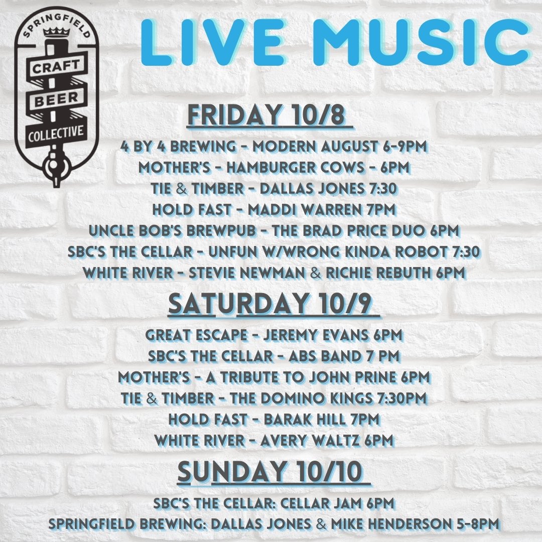 SGFCBC's tweet photo. Your Local Brewery - Live Music Guide!
#weekendgigs #springfieldmo #springfieldcraftbeercollective https://t.co/T8hhK0O18c