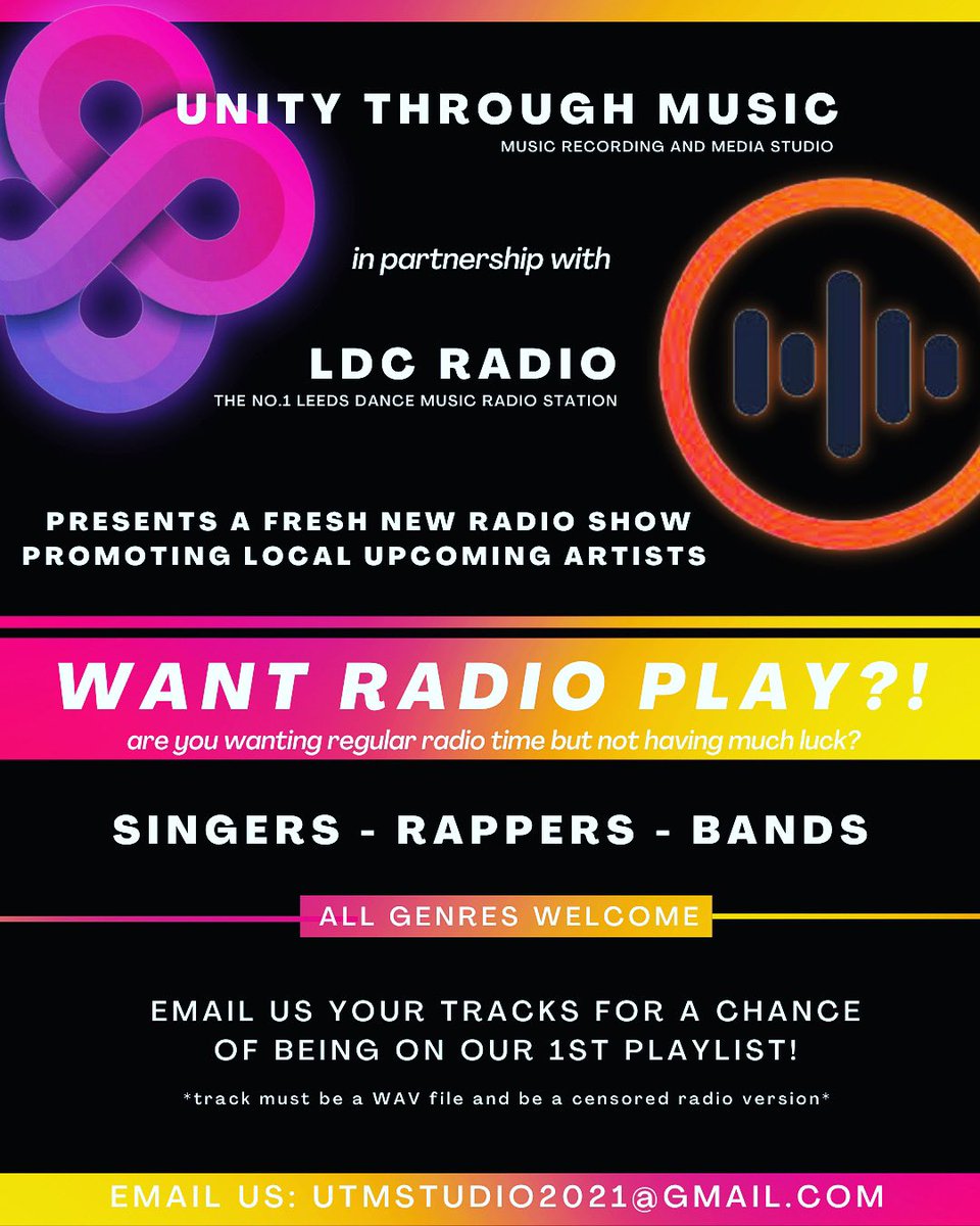 UTM STUDIO (@utm_studio) on Twitter photo We are building our 1st playlist for our new show on LDC Radio!!! Want your track played??? ππ½ ππ½ππ½
Email us utmstudio2021@gmail.com
#musicnews #rap #leeds #NewMusic We are building our 1st playlist for our new show on LDC Radio!!! Want your track played??? ππ½ ππ½ππ½
Email us utmstudio2021@gmail.com
#musicnews #rap #leeds #NewMusic