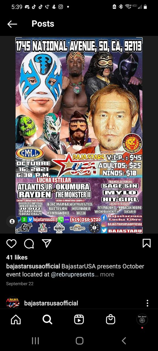 SanDiegoLuchaL1's tweet photo. @bajastar_usa has a show on October 16th at rebru bar in san diego 
V.i .p $45 
Tickets $25 
Kids $10 
#sandiego #luchalibre #lucha_libre #cailforina #sandiegoevents #prowrestling #WrestlingCommunity https://t.co/7CemKgeMsf