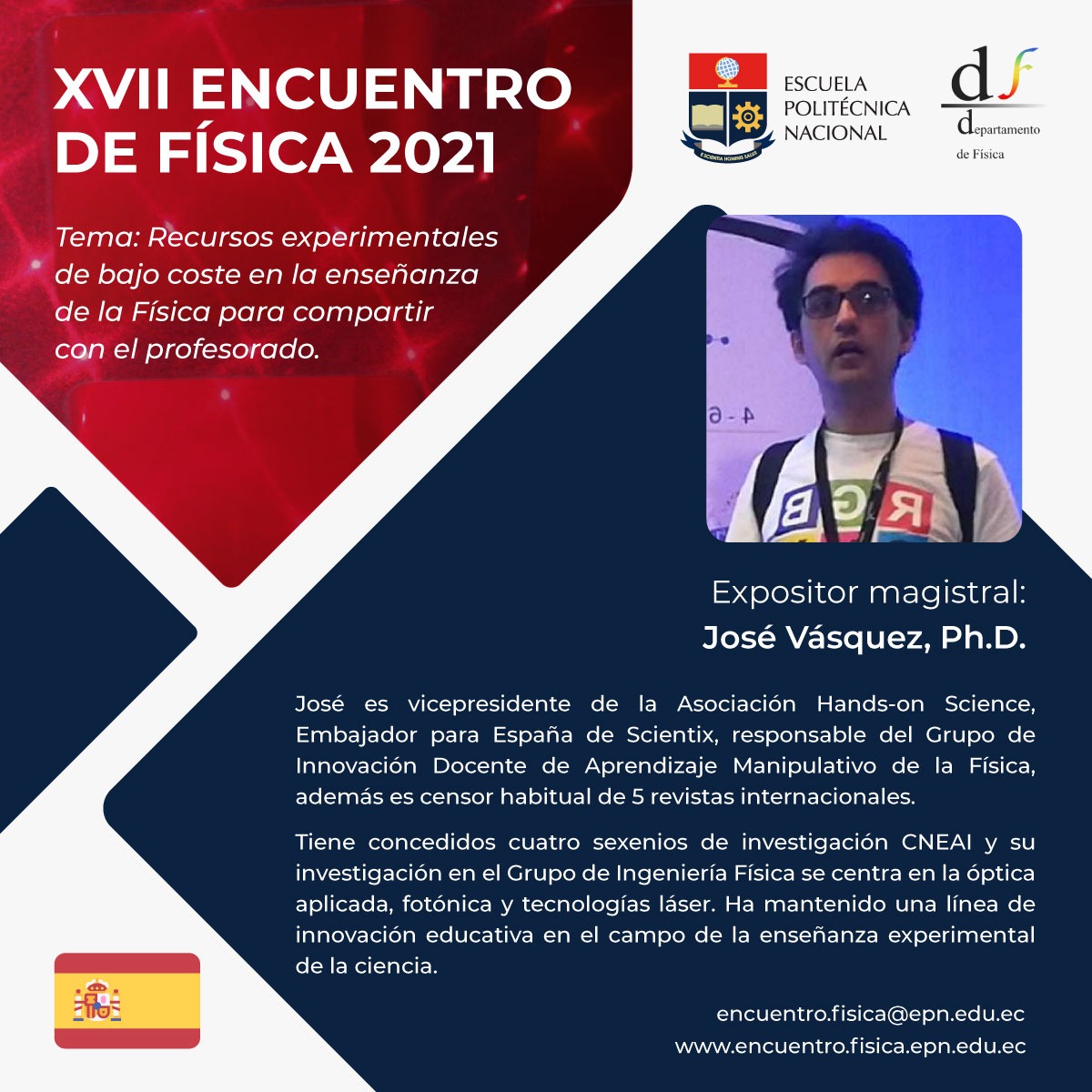 Para un correcto proceso de enseñanza es necesario establecer vínculos entre la teoría y la práctica. 📓🔬🧐
¿Quieres conocer los recursos que el profesorado puede usar? 📊🧮🔎
🗓Del 25 al 29 de octubre de 2021.
✍🏽 Regístrate en: bit.ly/3jVDc4x
ℹ️ encuentrofisica.epn.edu.ec