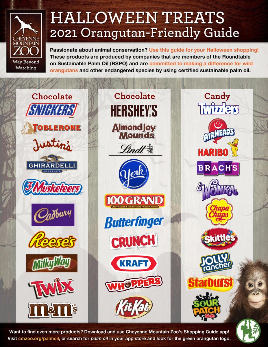 zoomiami's tweet photo. How would you like to help orangutans and other endangered species in the wild this Halloween? Consider using this guide from our friends at the 
@CheyenneMtnZoo
 to help you choose orangutan-friendly treats!
#ZooMiami #SaveOrangutans #SustainablePalmOil https://t.co/87DMp0lEVs