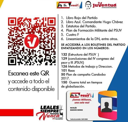 ¡ATENCIÓN! 💛💙❤

Escanea el Código QR y descarga nuestro #ComboMilitante el cual incluye instrumentos de estudio y de debate imprescindibles en la formación de la militancia chavista.

📌 Click en el siguiente enlace -> bit.ly/30a9q4Q