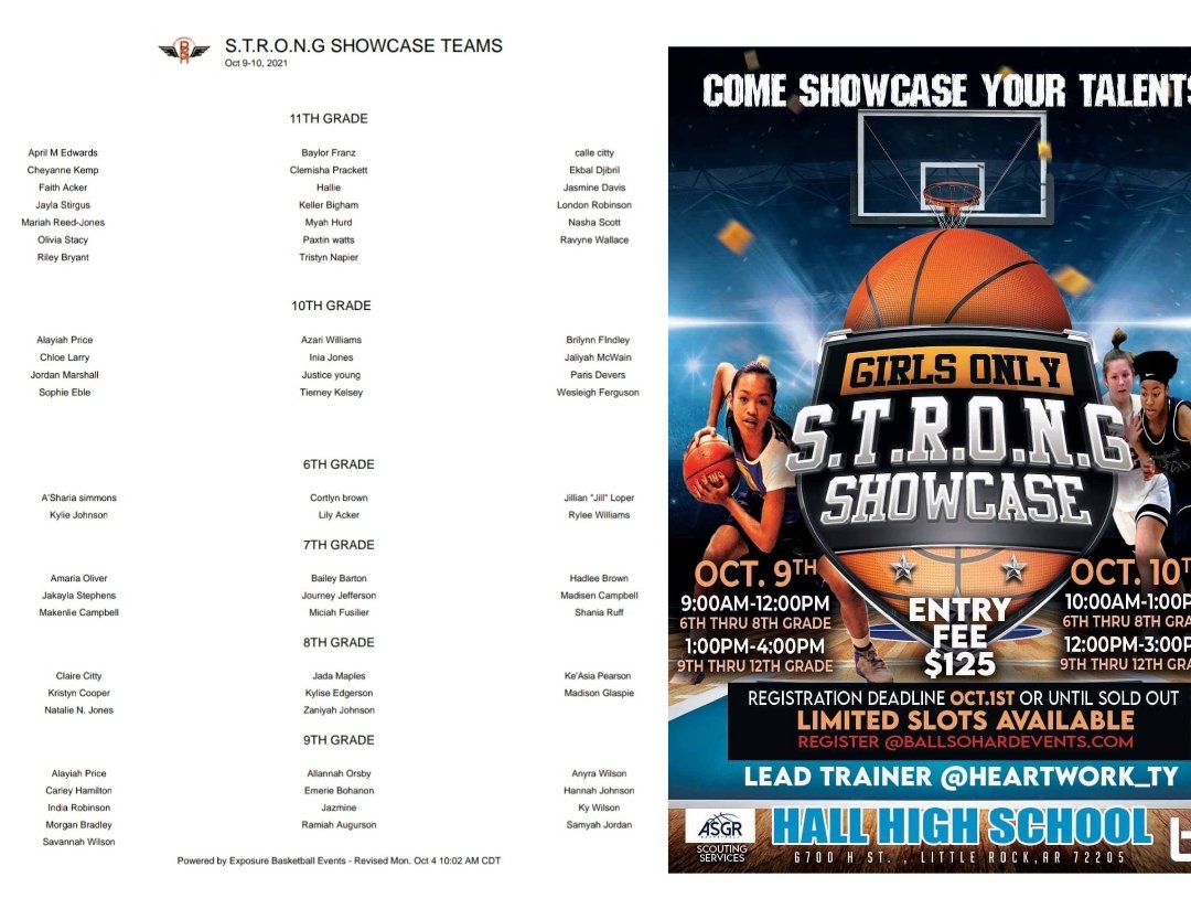 🏀🚨📢
                    ⚠️⚠️⚠️
            STRONG TALENT
Hall High school 
Oct 9th 1pm-4pm
Oct 10th 12pm-3pm
College Coaches free!
Unsigned 2022, 2023, 2024, 2025 ready 2 prove their STRONG!
<a href="/pd_skillz/">Mavs Elite GUAA</a> @ASGR1995 <a href="/nbnbball/">Coach TJ Jones</a> <a href="/GradyMajors/">Grady Majors</a> <a href="/PrepGirlsHoops/">Prep Girls Hoops 🏀</a> <a href="/ARPrepSports/">Arkansas Prep Sports</a> <a href="/big73miller/">Kevin Miller</a>
