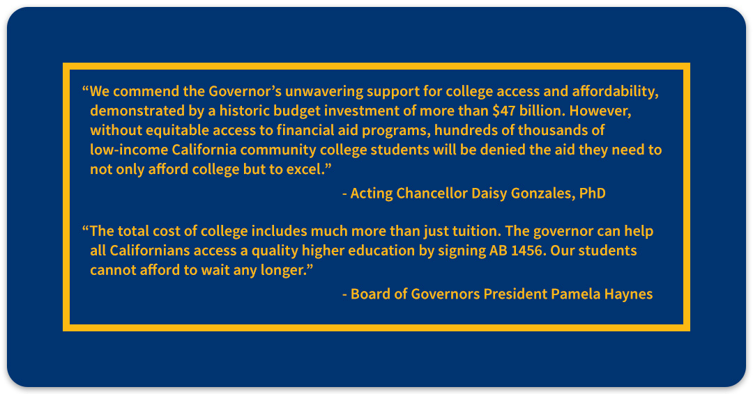 CalCommColleges's tweet photo. MEDIA STATEMENT: Community College Leaders Call on Governor to Sign Historic Financial Aid Reform Into Law. READ: https://t.co/uNsJhFB8iq.
#TrueCostOfSuccess #AB1456 #FinancialAid @CAgovernor @GavinNewsom https://t.co/5xeYgTDUek