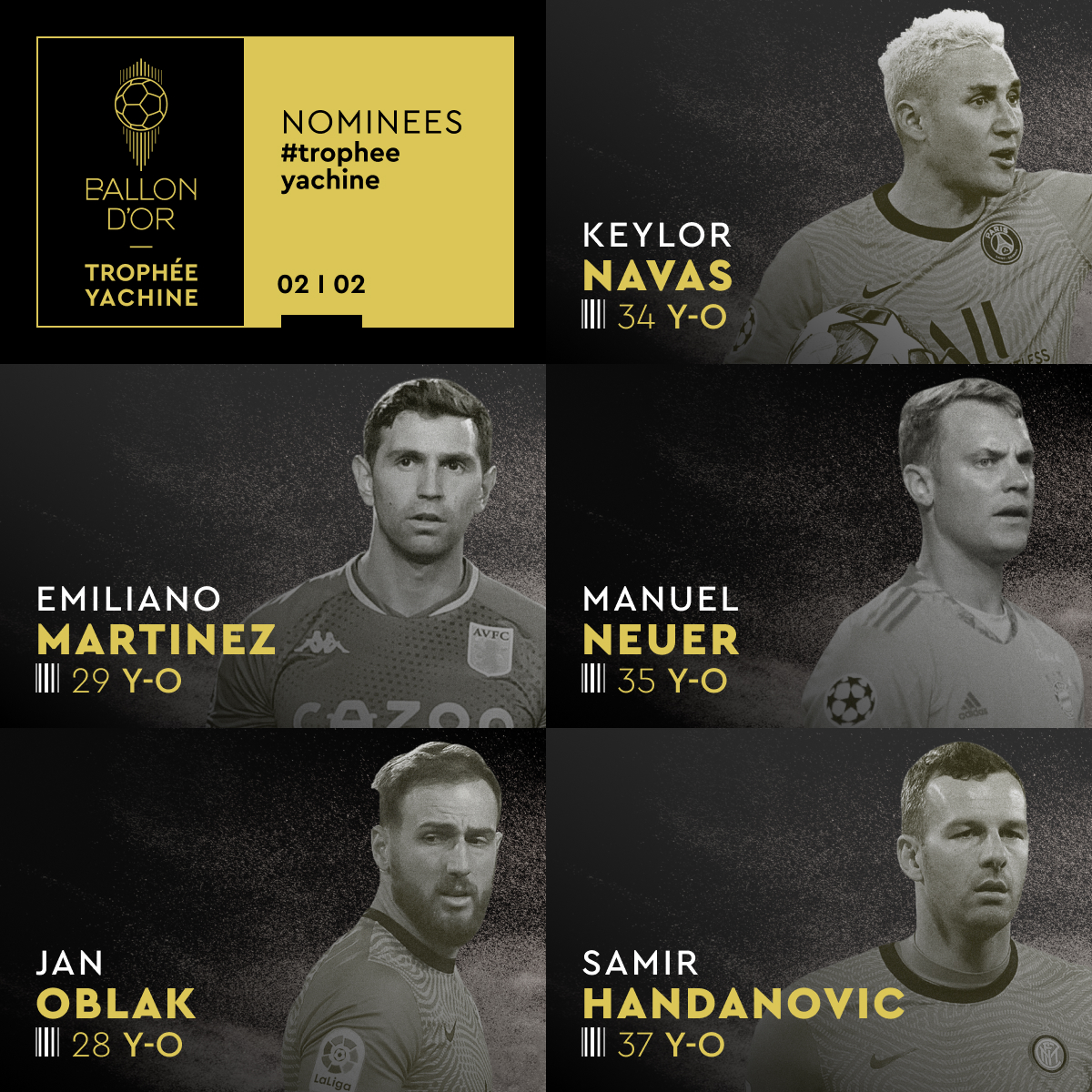 Here are the last nominees for the 2021 Yachine Trophy! #tropheeyachine

🇨🇷 Keylor Navas
🇦🇷 Emiliano Martinez
🇩🇪 Manuel Neuer
🇸🇮 Jan Oblak
🇸🇮 Samir Handanovic

#ballondor
