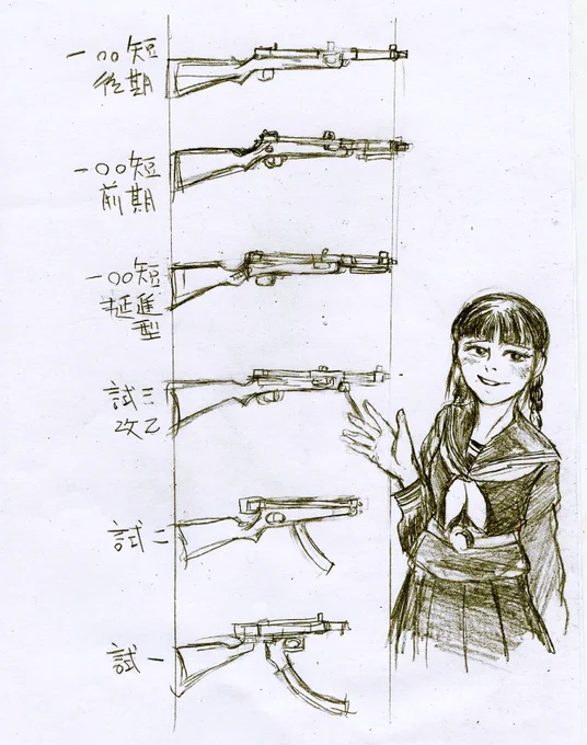 日本軍の試作機関短銃の相関図を描こうとグリグリやってたんですが、似たような銃を描いてたらなんかイライラしてきて、息抜きのつもりで解説役の女学生を描いてみたらなんかスッキリ。おいらはそもそも何を描きたいんだろう、と思いました、、。(もう寝ます。明日は明日、ですね。おやすみなさい) 