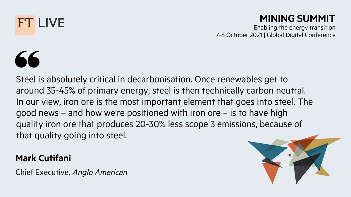 We're reflecting on the fantastic couple of days at <a href="/ftlive/">Financial Times Live</a> #FTCommodities Mining Summit looking at how to enable the energy transition. Our Chief Executive, Mark Cutifani, spoke about the fundamental role steel will play in the transition to a low carbon world.