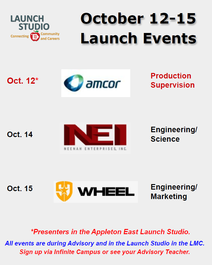 AEast_Counselor's tweet photo. Explore Careers in
Manufacturing and Production! LIVE at the Appleton
East Launch Studio @AppletonEast #Classroom2Career 

All events are during Advisory and in the Launch Studio in the LMC.
Sign up via Infinite Campus or see your Advisory Teacher. https://t.co/QtRBc7I28f