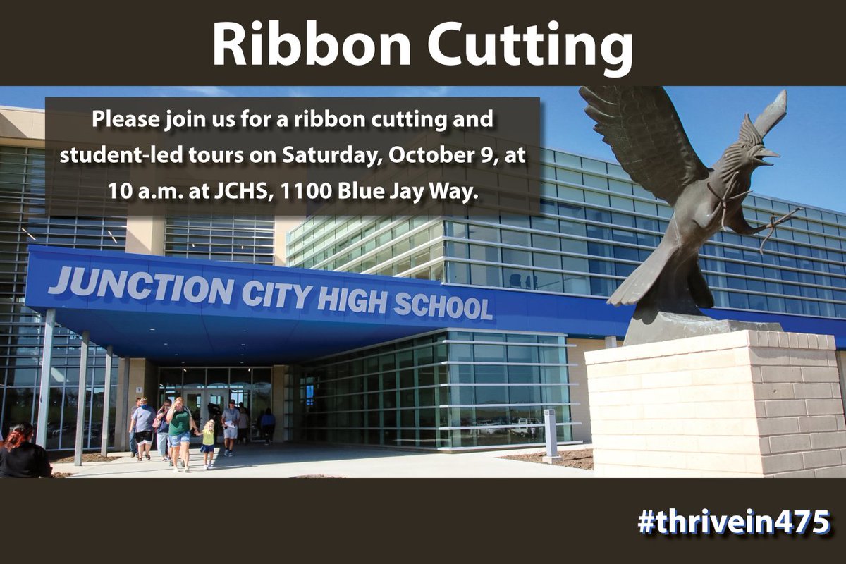 USD475's tweet photo. Reminder: The ribbon cutting for the new @junctioncity_hs is tomorrow at 10:00 a.m., with student-led tours following the ceremony. We hope to see you there! #ThriveIn475 #BeBoldBeBlue https://t.co/13tvYUZMKx