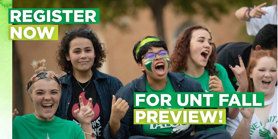UNTsocial's tweet photo. Join us Oct. 23 for #UNTpreview โ a day of campus activities! Score some swag and learn more about why more than 42,000 students call #UNT their home away from home. More: https://t.co/5tQtNwUeRw https://t.co/57QmhuvCfd