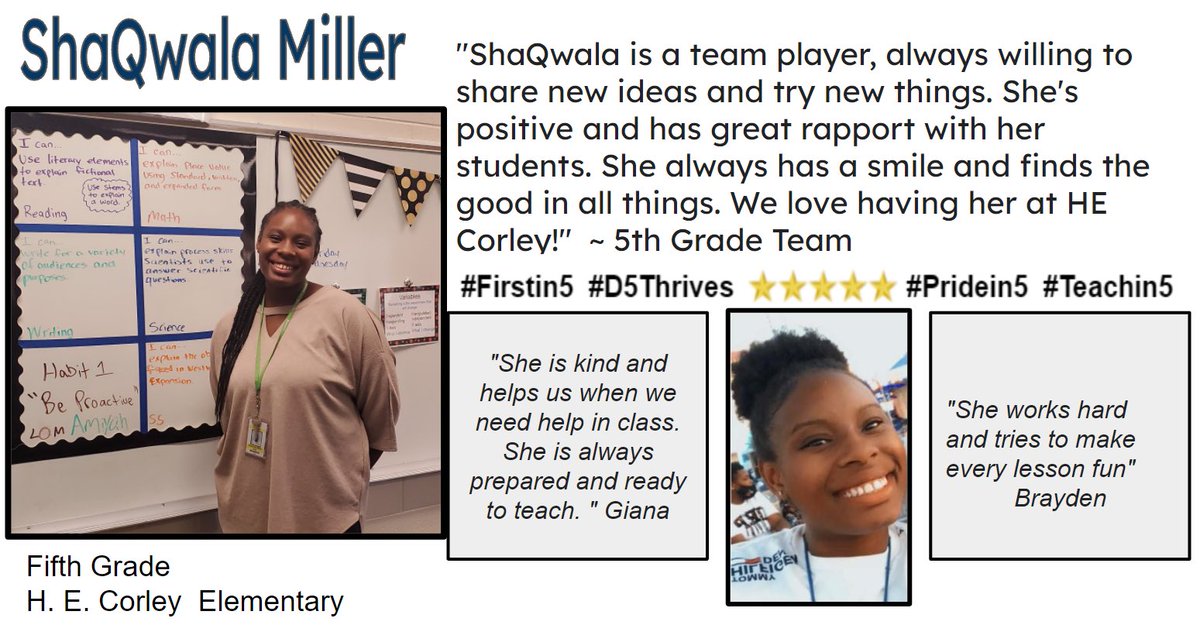 Lorijpowers1's tweet photo. What a fabulous First In Five Friday!! We will start off our spotlight with this THRIVING first year fifth grade teacher. Thank you Ms. Miller for all you do to make our D5 students happy and successful!! #Firstin5Friday #Firstin5 #D5Thrives #Pridein5 https://t.co/BFX3odeKb3