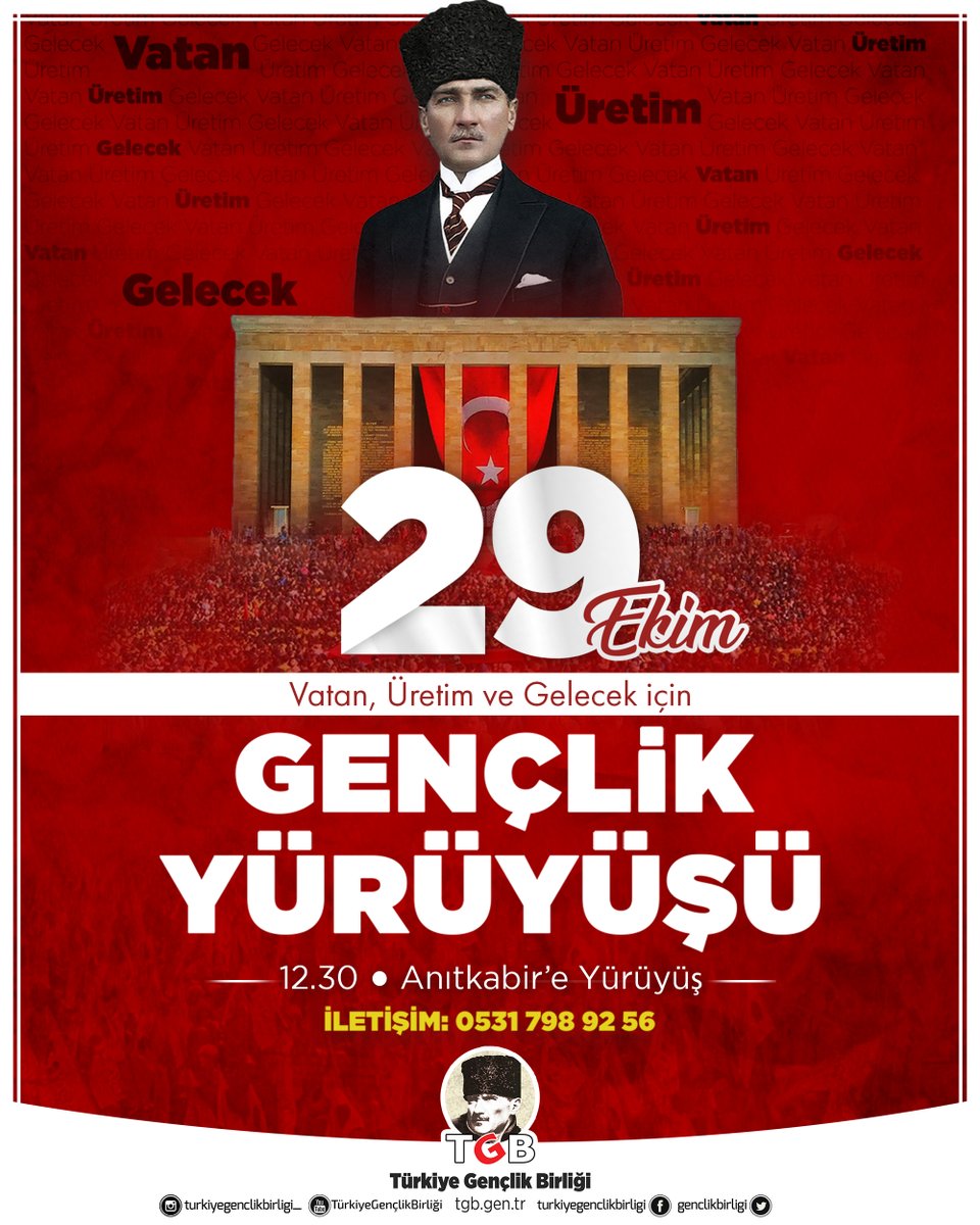 Cumhuriyetimizin ilan edilişinin 98. yılında
VATAN, ÜRETİM VE GELECEK için
GENÇLİK YÜRÜYÜŞÜ'nde buluşuyoruz.🇹🇷

Birinci Meclis'ten Atamızın huzuruna yürüyoruz.

Yürüyüşümüz, Türkiye’yi yönetecek gençlerin yürüyüşüdür.

Hadi sen de katıl⤵️
🔗forms.gle/kNNbMHwBQz3nsA…
☎️0531 798 9256