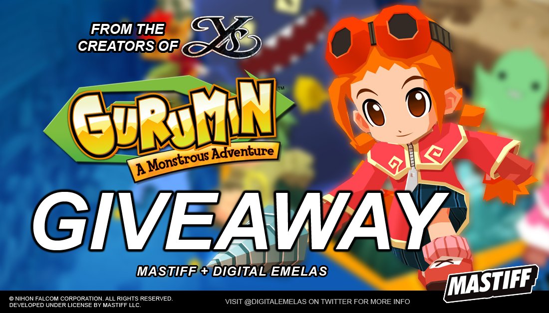#Giveaway time!
We're teaming up with Mastiff to spread awareness of another great #NihonFalcom Action RPG... #GURUMIN!!

Win 1 of 3 #Steam Keys:
▶️ Follow <a href="/DigitalEmelas/">Ys Series - Digital Emelas</a> + <a href="/MastiffGames/">Mastiff</a>
▶️ Tag a friend (or more)
▶️ Retweet by Oct 13, 2021. 8pm EST

Happy October everyone!
