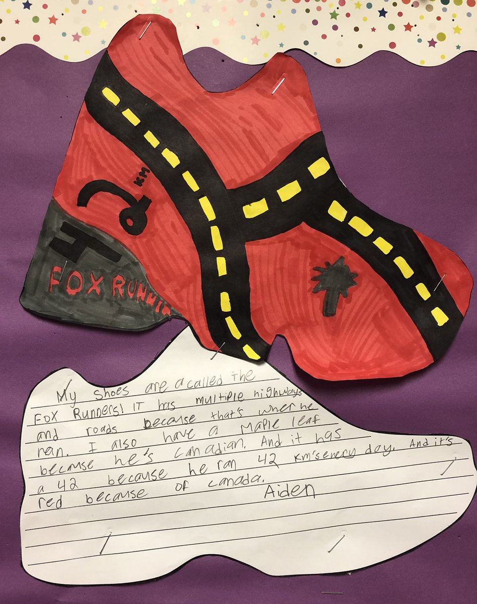 Custom Terry Fox running shoe designs, created by Gr. 5/6 Ss, that include inspirational logos/symbols representing Terry’s journey and his impact on the world <a href="/LC3_TDSB/">TDSB LC3</a> <a href="/JpsTdsb/">West Rouge JPS TDSB</a> <a href="/murphytdsb/">m_murphyTDSB</a>