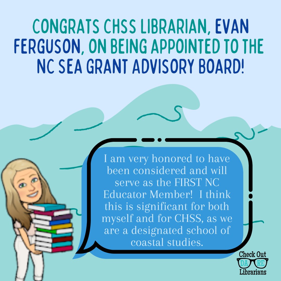 DareLibrarians's tweet photo. Congrats Cape Hatteras Secondary Schools Librarian, Evan Ferguson, for this amazing news! She'll serve in this role for the next three years, and maybe beyond! @CHSecondary @SeaGrantNC #CheckOutDARE https://t.co/N50UangNUx