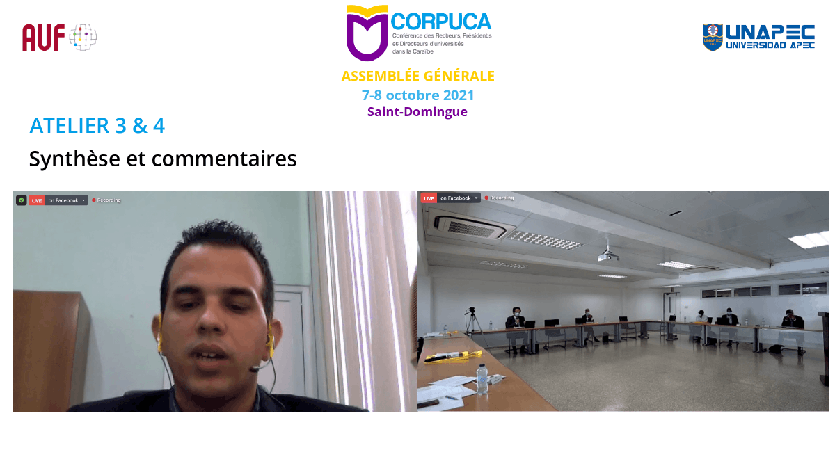 AUF_Caraibe's tweet photo. 📝 Fin de la 2e matinée de l'AG de la #CORPUCA et synthèse des ateliers 3 & 4 par @nosley_perez de l'@UCLVCU, @SauloNeiva de l'@AUFCaraibe et Eustase Janky de l'@UnivAntilles /CORPUCA. Merci aux intervenants et participants. Plus tard bilan et perspectives de la CORPUCA. https://t.co/uF7gYvfZlt