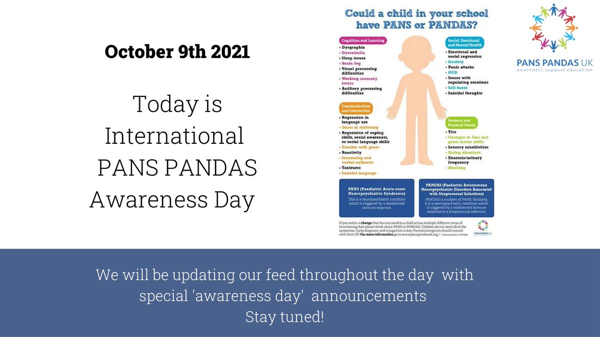 Every year on 9th October, patients, families, healthcare professionals, support groups across the globe come together to raise awareness and spread understanding of PANS/PANDAS. 

Your support in helping  to spread awareness of #PansPandasAwarenessDay is much appreciated.