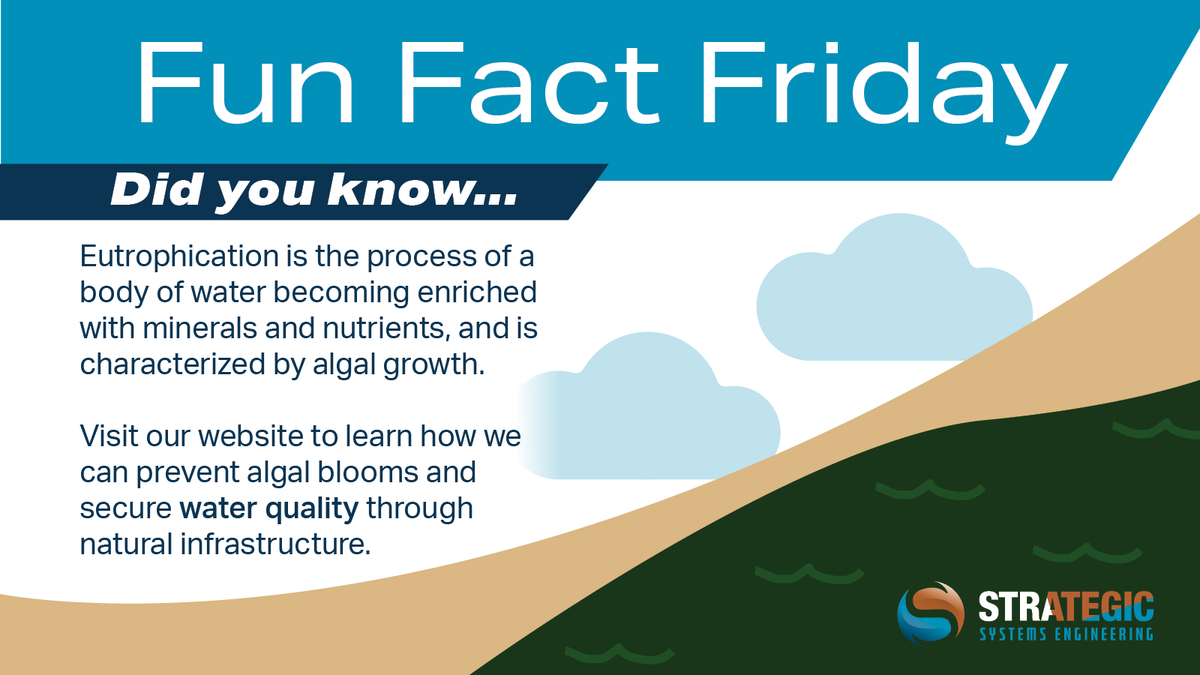 StrategicSysEng's tweet image. Did you know that #eutrophication is the process of water becoming enriched with minerals and nutrients, and is characterized by algal growth? 

Join us every Friday to learn more. 
#FunFactFriday 

strategicsystemsengineering.ca