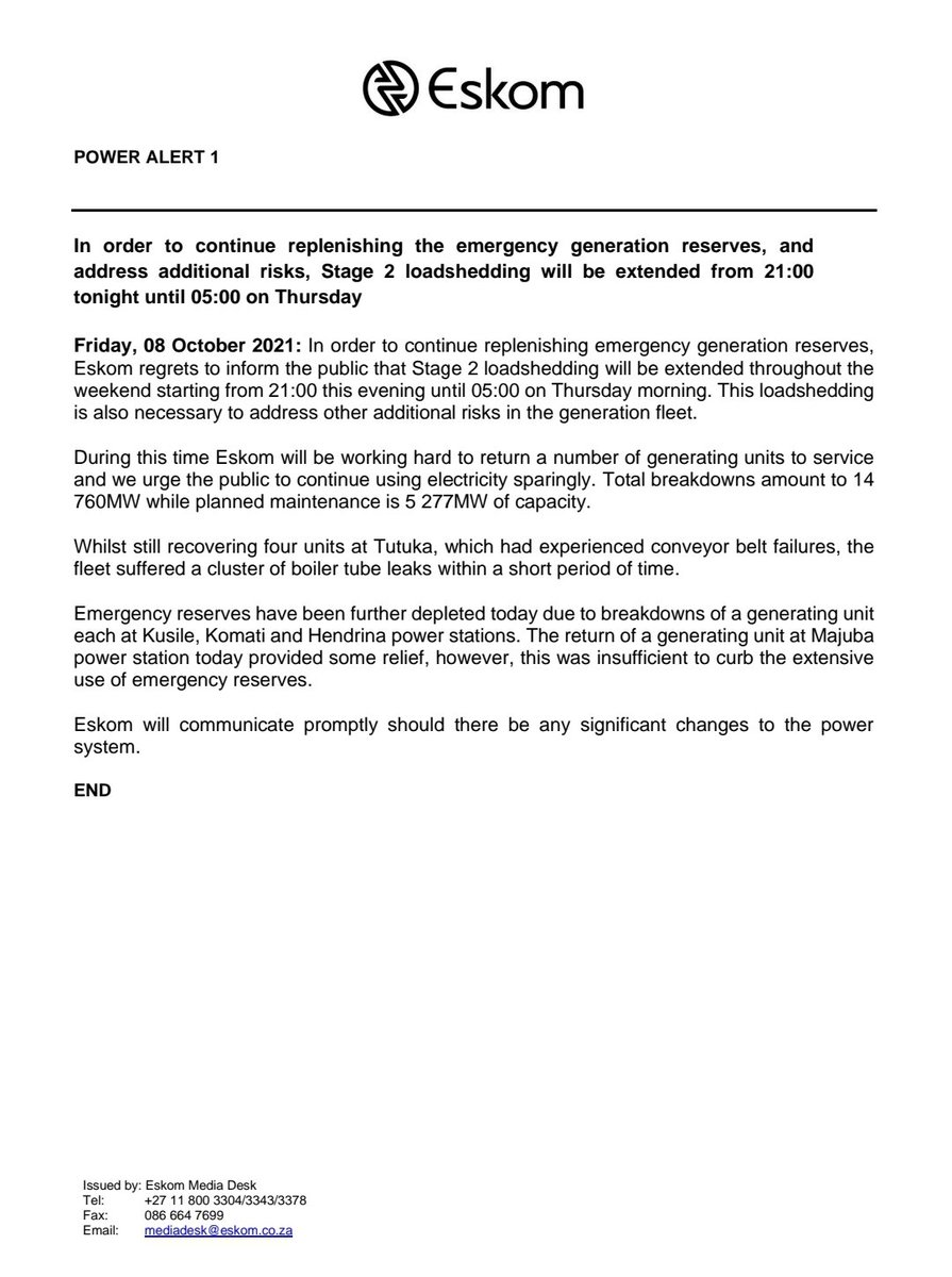 #POWERALERT1

In order to continue replenishing the emergency generation reserves, and address additional risks, Stage 2 loadshedding will be extended from 21:00 tonight until 05:00 on Thursday

<a href="/eNCA/">eNCA</a> <a href="/News24/">News24 🇿🇦</a>  <a href="/SABCNews/">SABC News</a> <a href="/Newzroom405/">Newzroom Afrika</a> <a href="/ewnupdates/">Eyewitness News</a> <a href="/TimesLIVE/">Times LIVE</a> <a href="/ewnupdates/">Eyewitness News</a>