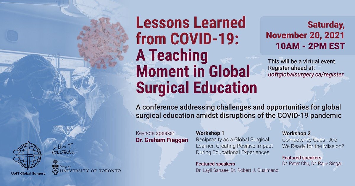 uoft_intl's tweet photo. Registration is now open for the @UofT Global Surgery Education conference happening November 20th, featuring a suite of world leaders in global surgical work. Sign up here: https://t.co/eChJ701pIq #UofTglobalprojects https://t.co/wM83ImIbR7