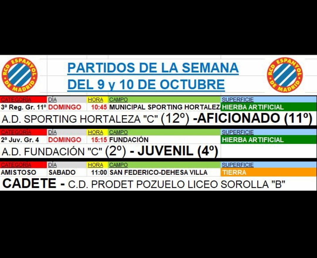 ¡Partidos del finde! ✌️
El Senior se desplaza hasta Hortaleza para enfrentarse al <a href="/SportingDeHorta/">A.D. Sporting de Hortaleza</a> en la 4a jornada. 
El Juv. encara la 2a jornada de liga 🆚 <a href="/FundacionADF/">Club Fundación A.D.F. 🇪🇸</a> .
El Cad. disputará un amistoso en 🏘️, recibiendo al C. D Prodet Poz. Liceo Sor. "B".
¡Mucha suerte a todos!