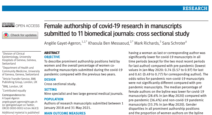 GSCollins's tweet photo. "Women have been underrepresented as co-authors and in prominent authorship positions in covid-19 research, and this gender disparity needs to be corrected by those involved in academic promotion and awarding of research grants." => https://t.co/2tcK7xWtJm https://t.co/VCINREJ4Jc