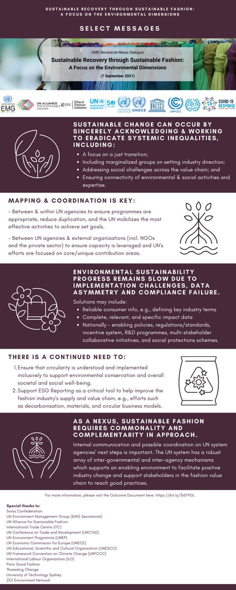 Sustainable Fashion is referenced by Stockholm+50, and the UNEP report ‘Sustainability and Circularity in the Textile Value Chain – Global Stocktaking’ as having the potential to support a Sustainable Recovery For All by applying the precautionary principle to the sustainable management of the environmental dimensions of its value-chain, including conscientious product design, natural resource and material inputs, workers’ health and wellbeing, treatment of waste, and end-of-life product disposal, in pursuit of circularity and enhancing resilience for intergenerational equity.  Moreover, an integrated approach to environmental and social sustainability turns the drive towards circularity into a significant avenue for a just transition, with more and better jobs, social inclusion and poverty reduction.
MORE: https://unemg.org/sustainable-fashion-nexus-dialogue/