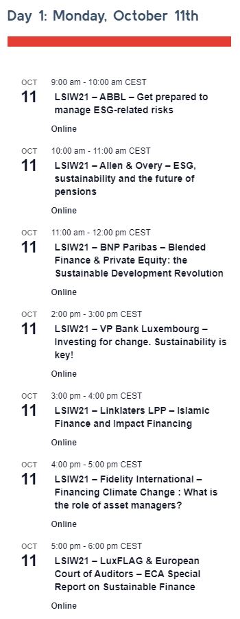 SriEvent's tweet photo. #SriAgenda #today | #Oct11 at 9am CEST
#LSIW21 - "@LuxFLAG Sustainable Investment Week 2021 | Day1 of 5 (until #Oct15)
https://t.co/hVcqCi5WG5
#sustainablefinance #sri #esg #greenfinance #greenbonds #climate #climatecrisis #climatefinance #impinv @SRI_Natives @andytuit https://t.co/NyjbyvWIaU